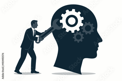Tuning the Mind: Businessman with Spanner Adjusting Gears in Head Silhouette. Symbol of Mindset Change, Strategic Thinking, Mental Health Improvement, Psychology.