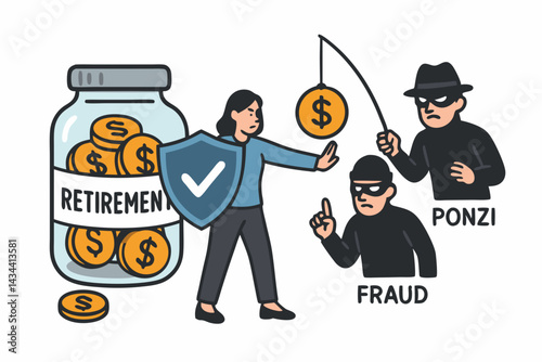 Woman Shielding Retirement Savings Jar from Financial Fraud and Ponzi Scheme Thieves Vector Illustration. Concept of Secure Investment and Protecting Pension Funds.