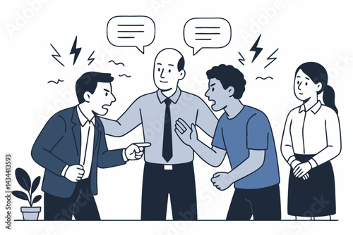 Workplace Conflict Resolution Vector Illustration Showing Manager Mediating Heated Argument Between Angry Colleagues in Office, Communication Breakdown and Dispute Management Concept