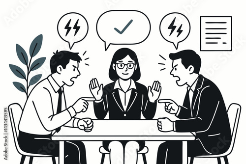 Business Mediation Concept Vector: Woman Mediator Resolves Heated Workplace Conflict Between Two Angry Male Colleagues Arguing at Table, Achieving Resolution and Agreement.