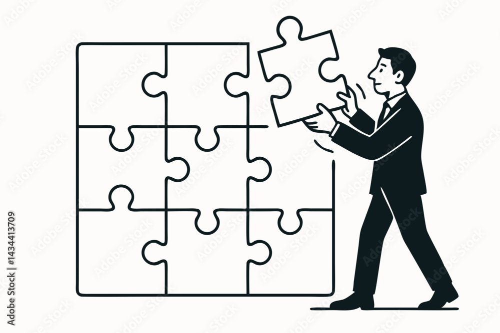 Strategic Solution Concept: Businessman completes a large jigsaw puzzle by adding the final piece. Minimal vector art representing problem-solving, finding fit, and achievement. Strategic Solution Concept: Businessman completes a large jigsaw puzzle by adding the final piece. Minimal vector art representing problem-solving, finding fit, and achievement.