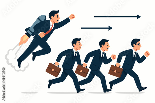 Innovative businessman with jetpack leads the race against competitors, flat vector concept for success, leadership, speed, competitive edge, outperforming, and progress.