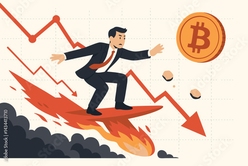 Crypto Market Crash: Businessman Rides Plummeting Bitcoin Value on Fiery Arrow Amid Economic Downturn and Financial Loss in Volatile Cryptocurrency Trading