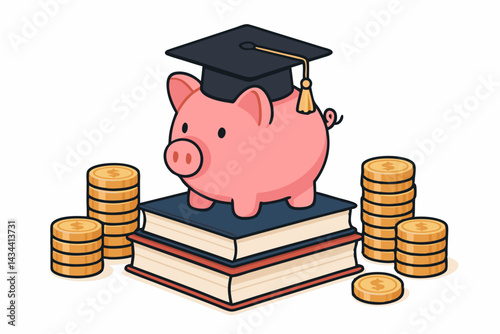 Financial planning for education concept: Cute pink piggy bank wearing a graduation hat on textbooks with stacked gold coins symbolizing college savings fund and tuition investment.