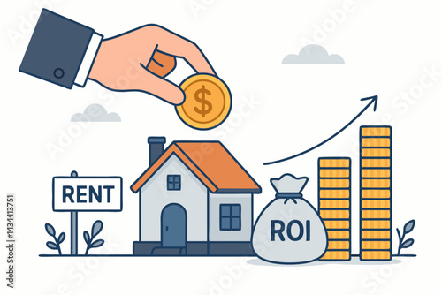 Property Investment ROI Vector Illustration Showing Hand Investing Coin in House with Rent Sign, Money Bag, and Rising Profit Graph for Real Estate Business Finance Growth Concept.