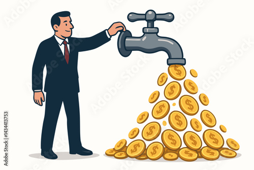 Vector illustration of a successful businessman managing cash flow, opening a large faucet that pours out golden dollar coins, depicting wealth creation, profit, and financial abundance.
