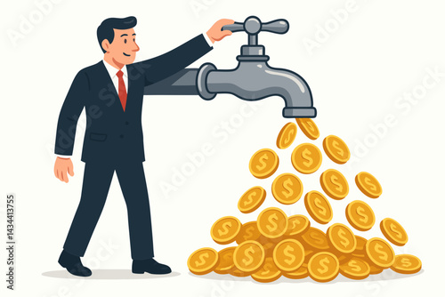 Businessman turns on faucet releasing a stream of golden dollar coins, symbolizing easy cash flow, profit generation, successful investment, and abundant financial wealth.