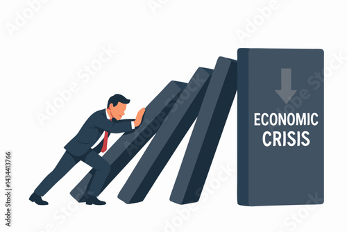 Strong Businessman Stops Falling Domino Chain Reaction Representing Economic Crisis Prevention. Financial Resilience, Intervention Strategy, Risk Management Vector Illustration.