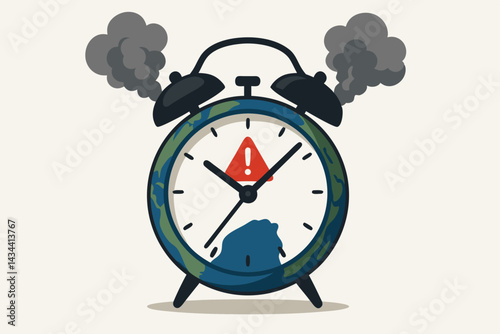 Climate change alarm clock vector concept. Earth as a clock face with a red warning sign, emitting pollution smoke clouds, symbolizing global warming, environmental crisis, and urgent deadline.