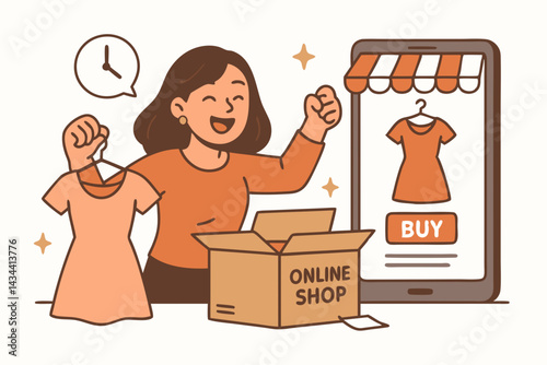 Happy female customer excitedly unboxing a new dress ordered online. Vector illustration of mobile shopping, e-commerce fashion purchase, fast delivery, and customer satisfaction.
