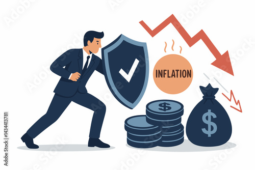 Investor shielding assets vector illustration. Businessman uses shield to protect money, coins, and investments from inflation and financial crisis downturn arrow symbol.