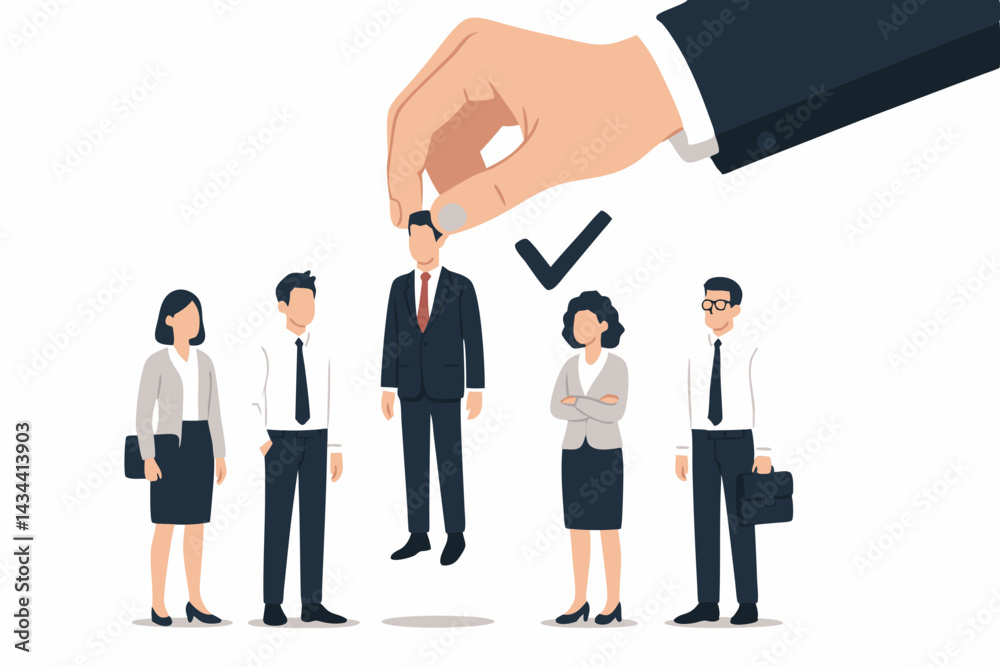 Talent acquisition concept vector illustration with HR manager hand selecting the ideal employee from job candidates. Flat graphic showing recruitment success, workforce selection, and hiring. Talent acquisition concept vector illustration with HR manager hand selecting the ideal employee from job candidates. Flat graphic showing recruitment success, workforce selection, and hiring.