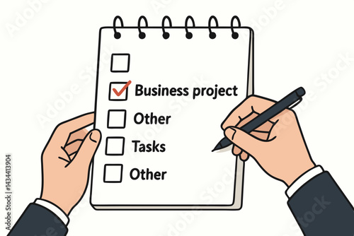 Businessman hands holding notepad and pen, completing a checklist for a business project. Simple vector graphic for task management, organization, and productivity goals.