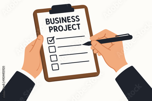 Business project planning and execution: Businessman's hands with pen checking off completed tasks on a checklist clipboard, flat vector illustration for productivity and organization.