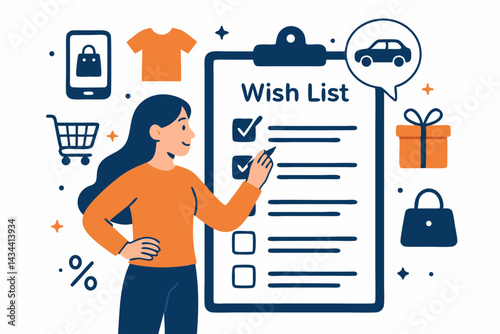 Future purchase planning concept vector illustration. Woman happily reviews her detailed wish list on a clipboard, checking off goals like buying a car, gifts, and clothes online.