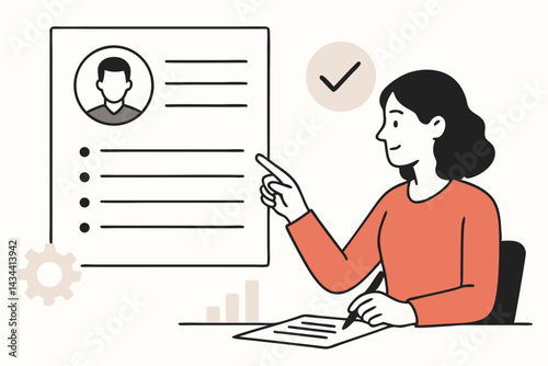 Professional woman reviewing candidate resume vector illustration. Human resources manager checking job application form, CV verification and recruitment process concept.