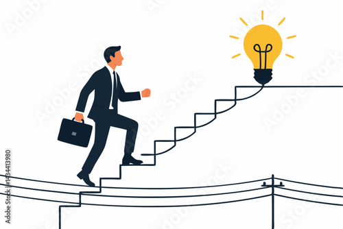 Ambitious professional with briefcase ascends staircase to reach glowing light bulb, representing business success, innovative ideas, problem-solving, and the journey to achievement.