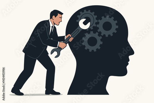 Businessman fixing mental gears in head silhouette with wrench. Illustrates mindset transformation, psychological adjustment, cognitive therapy, self-improvement, and business strategy vector.