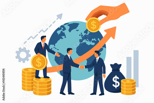 Global Economic Recovery concept illustration with businessmen shaking hands, representing international partnership, investment, and financial growth featuring coins, globe, and upward arrow.