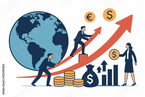 Flat vector concept of international business team boosting global economic growth, pushing rising arrow graph with Earth, money bags, dollar, euro coins, finance chart.