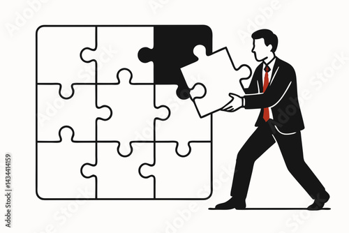 Minimalist vector illustration of a businessman in a suit adding the last piece to a large jigsaw puzzle. Symbolizes strategic completion, problem-solving, finding solutions, and business success.