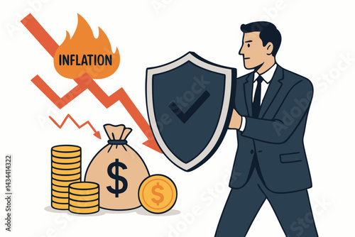 Financial protection vector illustration. Businessman holding security shield defending dollar money bag and coin stacks from the economic risk and danger of inflation fire.