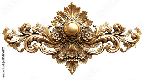 Ornate golden baroque ornament with intricate details, isolated on white background