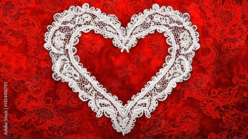 A stunning white lace heart pattern bordered by fine lace swirls, set against a vibrant red velvet-like background.