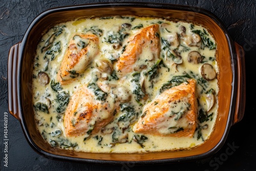 Salmon florentine in creamy spinach and mushroom sauce viewed from above against a dark backdrop