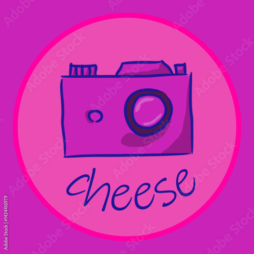 Hand drawing of a camera in purple. Hand drawn vector drawing of a digital SLR camera. Under the camera is the inscription: "cheese." Purple camera in a circle on a purple background.