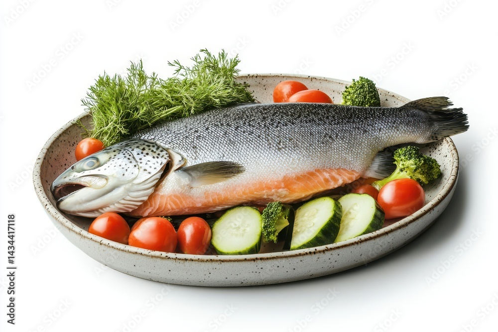 Salmon with fresh veggies plated and isolated on white Salmon with fresh veggies plated and isolated on white