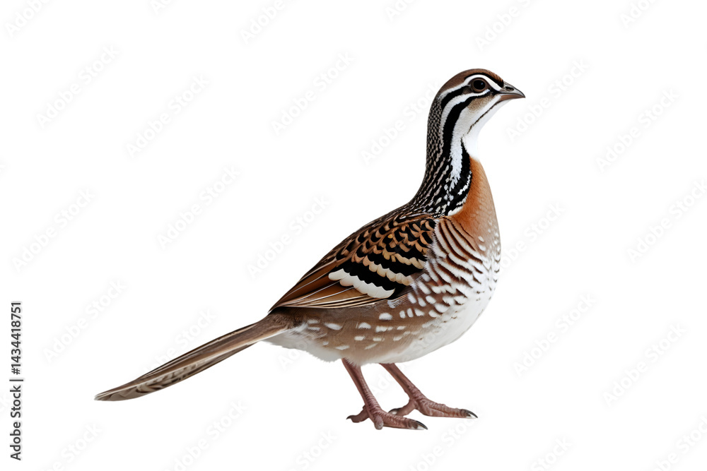 Fototapeta premium Wild quail ,Single Quail Isolated on White for Wildlife and Bird Concepts: Detailed Brown and Black Patterned Bird Imagery: Quail, Isolated, White, Bird, Wildlife, Nature, Brown, Black, Patterned.