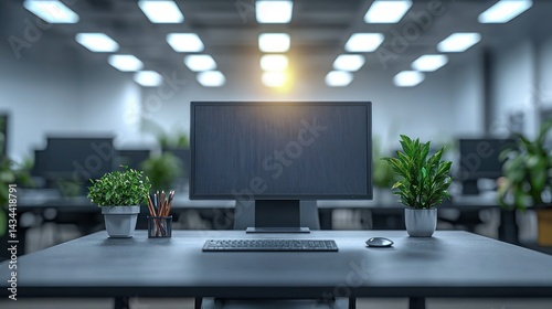 Fototapeta Naklejka Na Ścianę i Meble -  Office desk with computer, plants, and bright lights