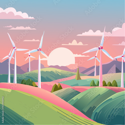 Rolling hills with wind turbines under a pastel-colored sunset.

