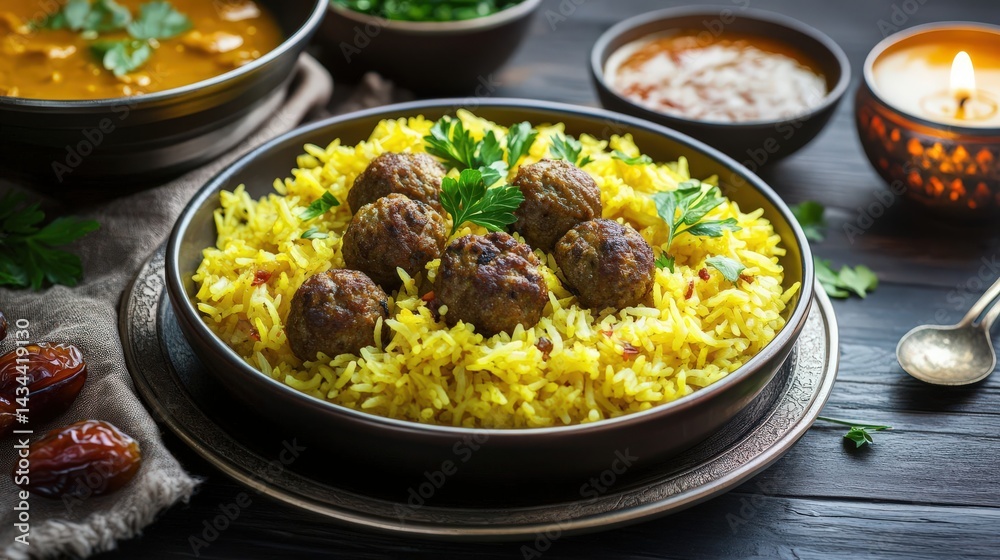 Ramadan meal with yellow rice, meatballs, dates, hot soup, and side dishes on dark wooden table illuminated by warm candlelight. Ramadan meal with yellow rice, meatballs, dates, hot soup, and side dishes on dark wooden table illuminated by warm candlelight.