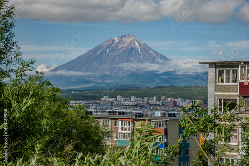 City with a volcano in the background
