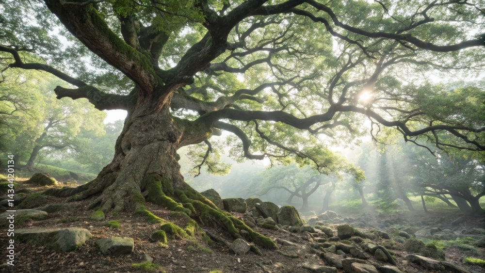 Fototapeta premium Ancient Oak Sunlit Canopy, Mossy Roots, Mystical Forest