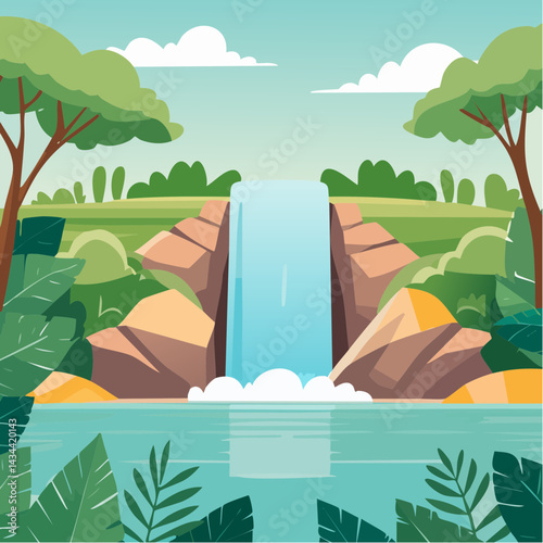 A waterfall cascading into a crystal-clear pool, surrounded by lush jungle.

