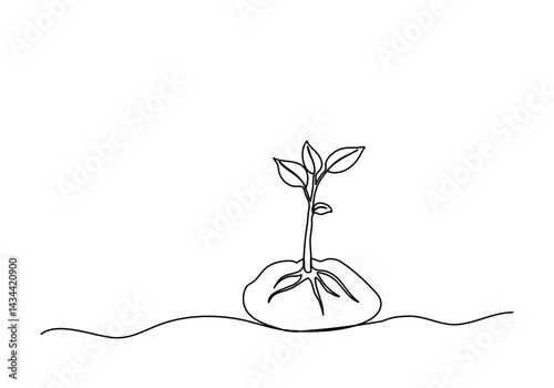 Sprout in the ground. One line drawing vector illustration.
