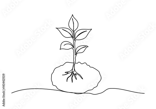 Sprout in the ground. One line drawing vector illustration.