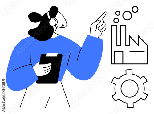 Worker in headset holding clipboard, pointing to factory icon with bubbles and gear symbol. Ideal for manufacturing, workflow, automation, industry, management, innovation, simple landing page