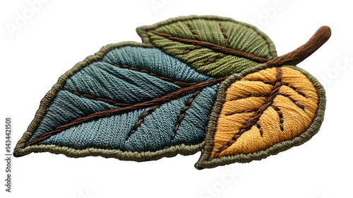 Embroidered fabric leaf patch with green and brown tones isolated on white background