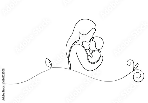 ontinuous line drawing of a mother tenderly holding her baby in a minimalist black and white side profile illustration