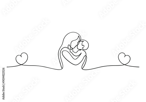 ontinuous line drawing of a mother tenderly holding her baby in a minimalist black and white side profile illustration
