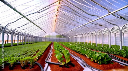 Greenhouse interior with rows of young leafy vegetables growing in rich red soil under curved transparent roof

