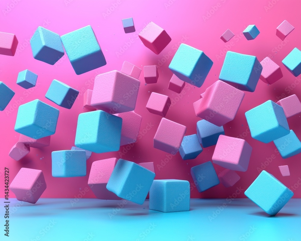 Obraz premium Colorful floating cubes in a vibrant pink and blue background, creating a playful atmosphere