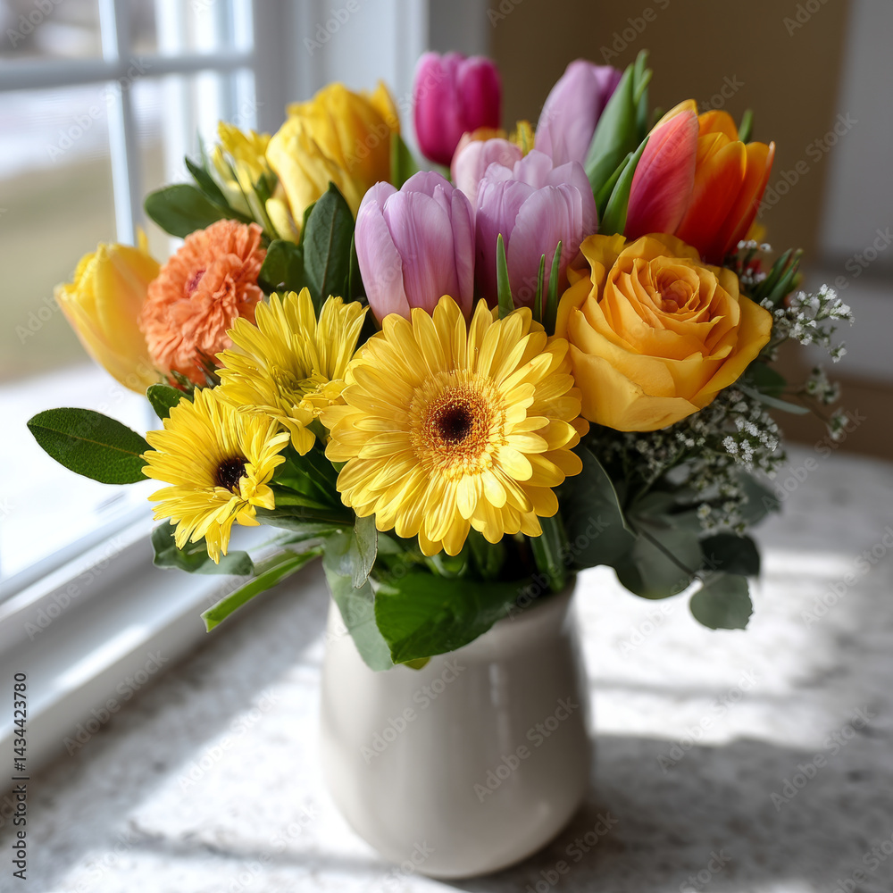 Fototapeta premium A vibrant bouquet of mixed flowers in a vase by a sunny window.