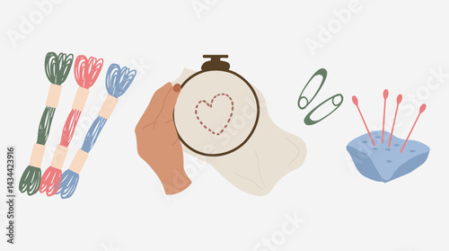 Heart embroidery hoop, crochet thread, needle. creative hobby. Handmade crafts isolated on white background. Vector illustration