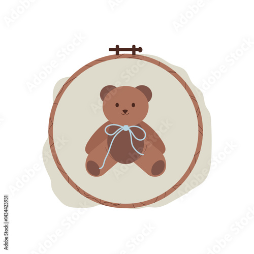 Bear embroidery hoop, creative hobby. Handmade crafts isolated on white background. Vector illustration.