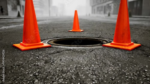 Orange traffic cones surrounding open manhole on cracked asphalt city street in foggy weather

